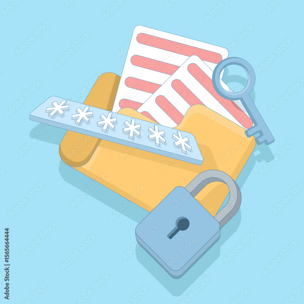 Poster folder illustration with padlock and password modern secure personal folder, file lock confidential 