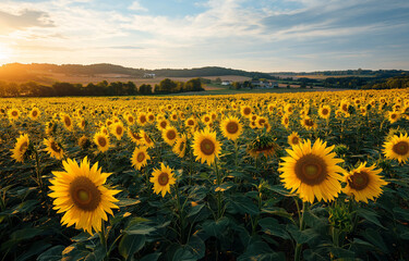 A vibrant sunflower field under the warm glow of sunset,