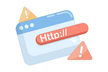 vector illustration of unsafe URL, http symbol and warning or danger sign. dangerous and suspicious link. unsafe website address. dangerous link concept. flat design.