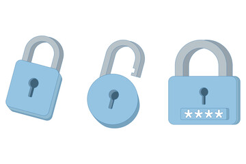 illustration of key icon and password symbol. There are padlocks in locked and unlocked state. Combined password. flat design vector illustration on background.