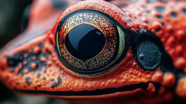 Eyes of vibrant red frog on lily pad in pond water.