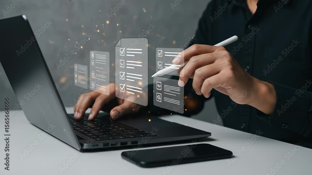 Poster digital documents: man completing online checklist using stylus on laptop with holographic interface