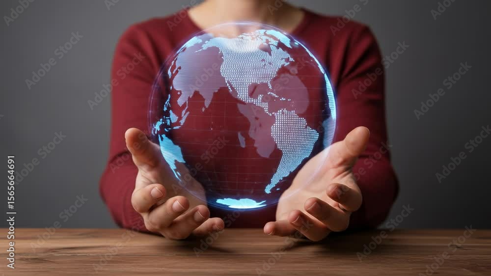 Poster global connectivity: woman presents a digital globe visualizing worldwide connections and technologi