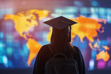 Graduate Student Girl Looking at World Map, Global Career Concept