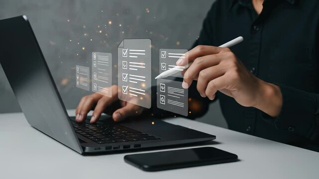 Digital Documents: Man Completing Online Checklist Using Stylus on Laptop with Holographic Interface.