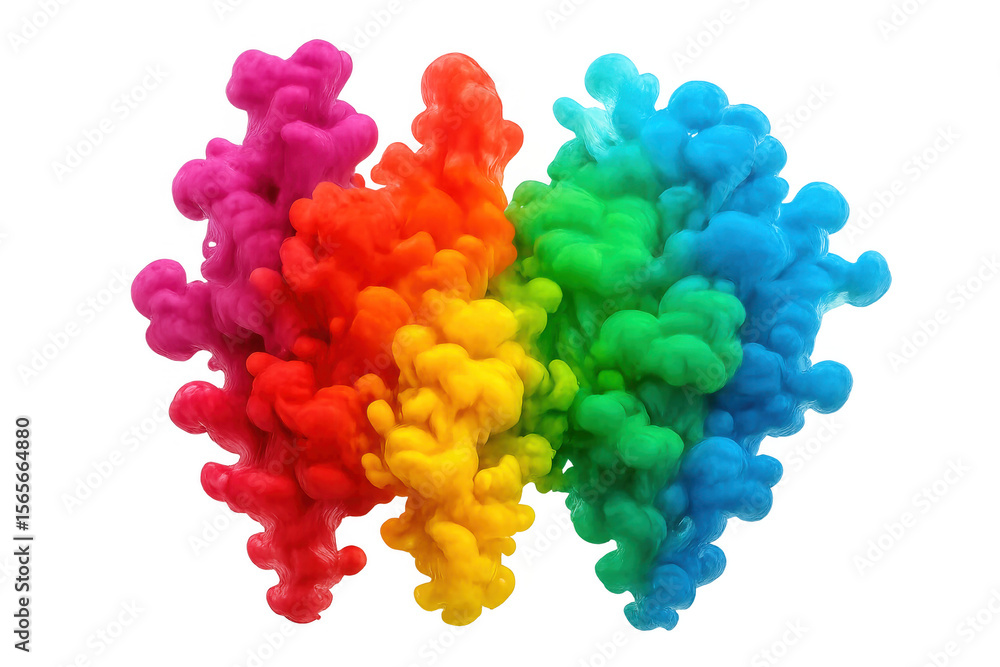 Poster colorful ink cloud exploding in water, creating a vibrant and abstract rainbow effect on transparent