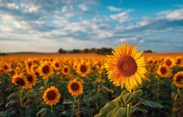 Obraz premium A vibrant sunflower field under the warm glow of sunset,