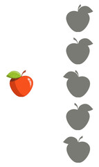 Find the correct shadow of the red apple. Vector illustration on a white background for children's entertainment, activity book, worksheet.
