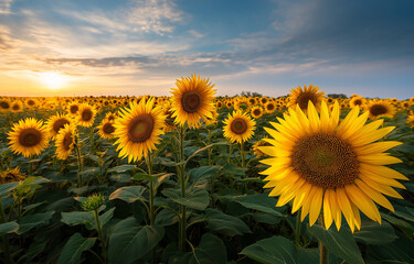 Fototapeta premium A vibrant sunflower field under the warm glow of sunset,