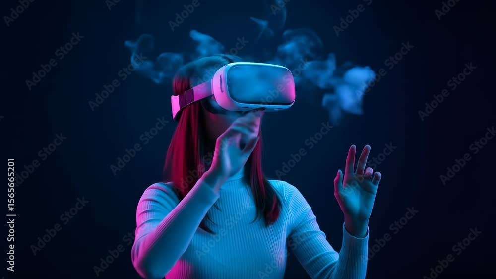 Poster virtual reality immersion: woman in vr headset navigating a simulated world with gesture controls am