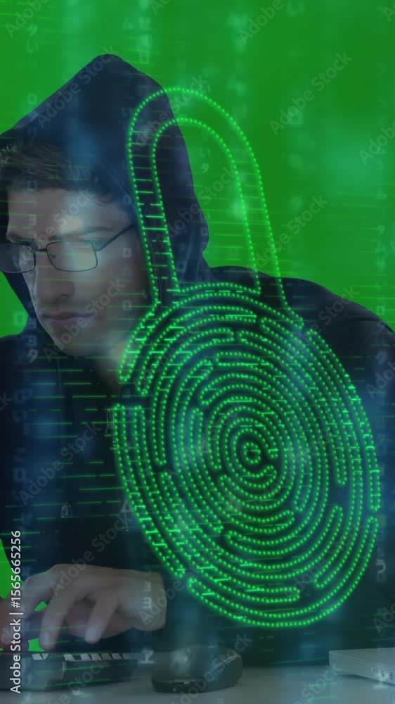 Poster cyber security data processing over male hacker using laptop and computer against green screen