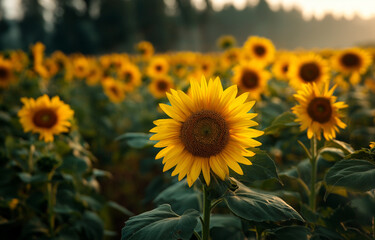 Fototapeta premium A vibrant sunflower field under the warm glow of sunset,