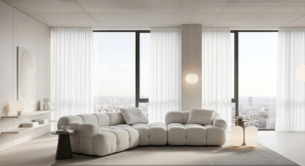 Modern Minimalist Living Room with White Sofa and City View