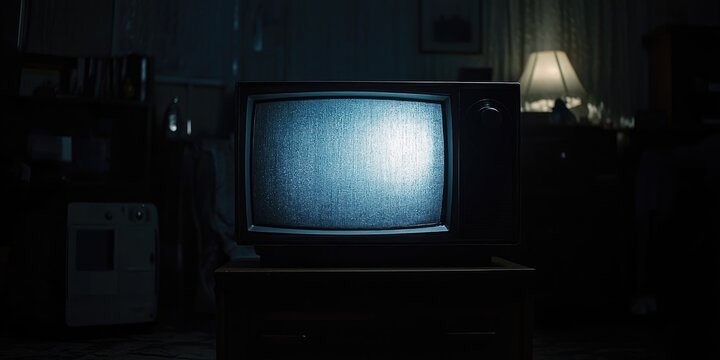 Old TV in dark living room, static screen. Possible use Film still