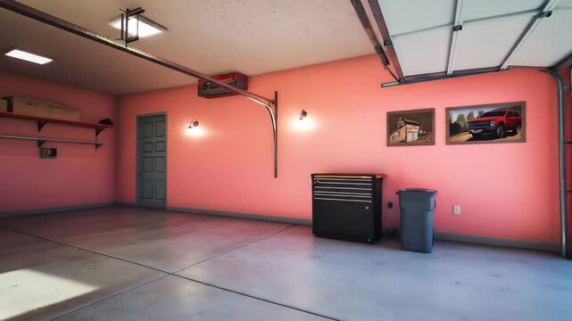 Pink garage interior with storage and tools.  Open, bright space with light fixtures, shelving, and a tool chest.  Empty concrete floor. Two framed pictures on the wall