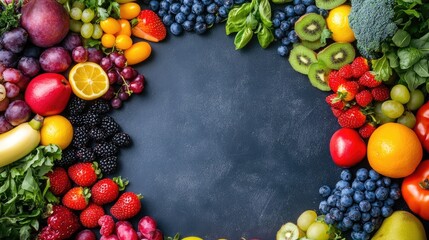 Colorful fruits and vegetables arranged in a circle on dark surface; healthy eating concept