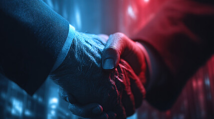 Dramatic lighting highlights a handshake, symbolizing collaboration and a successful partnership.