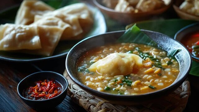 A hearty and nutritious Southeast Asian soup with corn, potatoes, palm leaves, garnished with a spicy condiment and rice crackers.