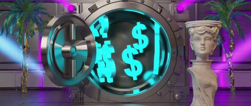 2:35:1 A surreal 80s-style vault slowly opening to reveal floating neon $ signs, palm trees and marble statues in background, pink and teal lighting, nostalgic loop