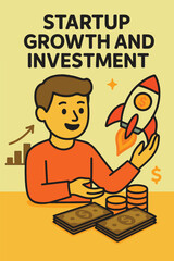 Flat vector illustration of a happy entrepreneur holding a rocket symbolizing startup growth, surrounded by cash, coins, and a rising bar graph. Perfect for themes like venture capital, business