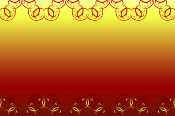 Sunny greeting card design with place for text in the center. Bright red ethnic seamless border. Ornate fire ornament. Red golden curved lines. Positive energy of the sun. Sun vector illustration