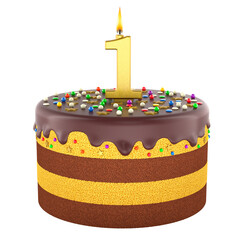 Birthday cake with number one candle, cake with chocolate icing and colorful sprinkles. Original 3D render. NO AI isolated on transparent background