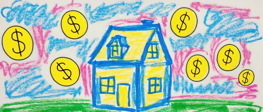 2:35:1 A scribbly crayon animation of a house with dollar signs in the sky, playful hand-drawn motion