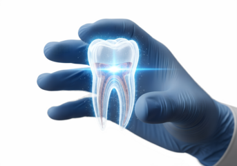 3d tooth held by blue-gloved hand, dental care concept, isolated on transparent background, oral hygiene, dentist tool, medical illustration