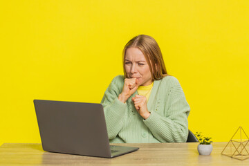 Displeased middle-aged woman using laptop notebook typing working, loses becoming surprised sudden...