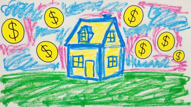 A scribbly crayon animation of a house with dollar signs in the sky, playful hand-drawn motion