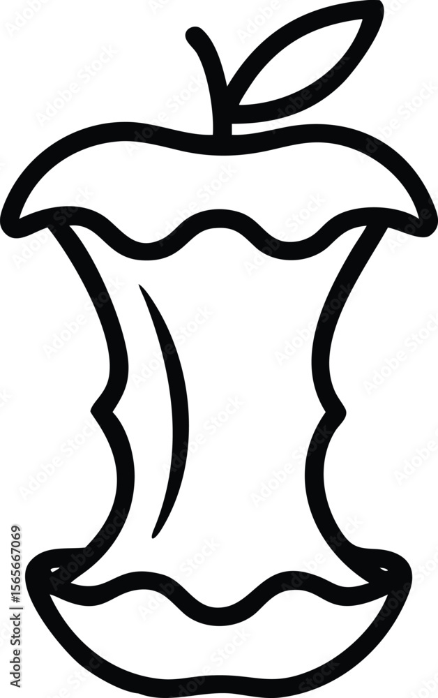Poster simple apple core drawing with leaf in outline style for print