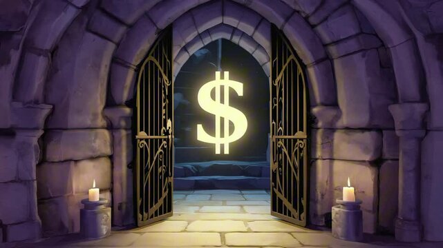 A gothic vault with ornate black iron doors creaking open to reveal a glowing $ sigil, candlelit shadows and flickering animation, haunting loop