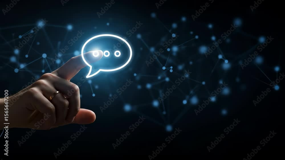 Poster digital communication: man's finger touching chat bubble icon over tech network implies connection a