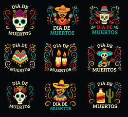 A vibrant collection of Dia de Muertos (Day of the Dead) icons, featuring festive skulls, sombreros, candles, maracas, tequila, poncho, flowers, cactus, and musical skeletons.
