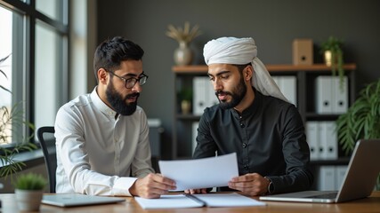 Two coworkers discussing and reviewing documents in an office setting Muslim business. Authentic Arabian style.