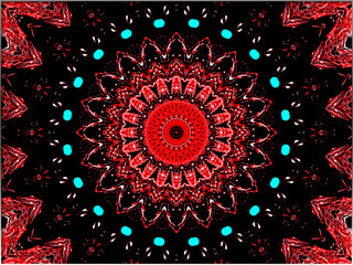 A vibrant, symmetrical pattern in red and black features scattered colorful dots across the design. The interplay of colors and shapes creates a dynamic, abstract visual effect.