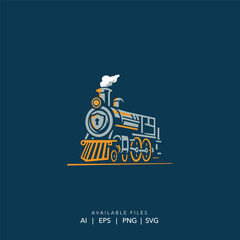 Vintage Steam Train Locomotive with Security Shield on Front, Retro Train Side View with Shield Icon