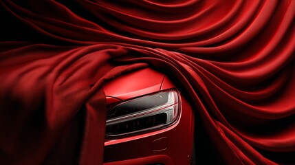 Luxury car hidden under red fabric standing still with elegance in a soft light showroom scene