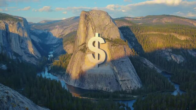 A giant $ sign carved into a mountain surrounded by pine trees and rivers, majestic national park atmosphere