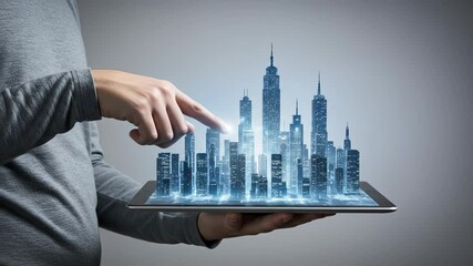 Futuristic City Design: An architect interactively planning the future metropolis layout with glowing holograms on a tablet. - Powered by Adobe