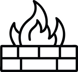 Simple flat style fireplace outline drawing with fire flame on a brick wall
