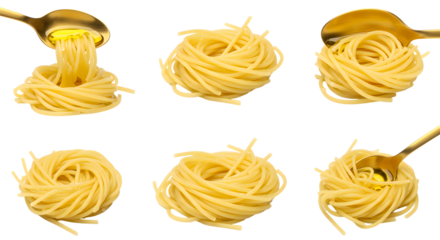 Close-up of perfectly cooked spaghetti twirled on a spoon, showcasing texture and color against a clean background