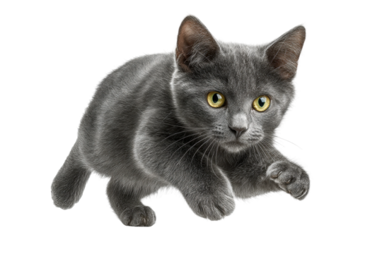 PNG Playful gray kitten pouncing with focused yellow eyes