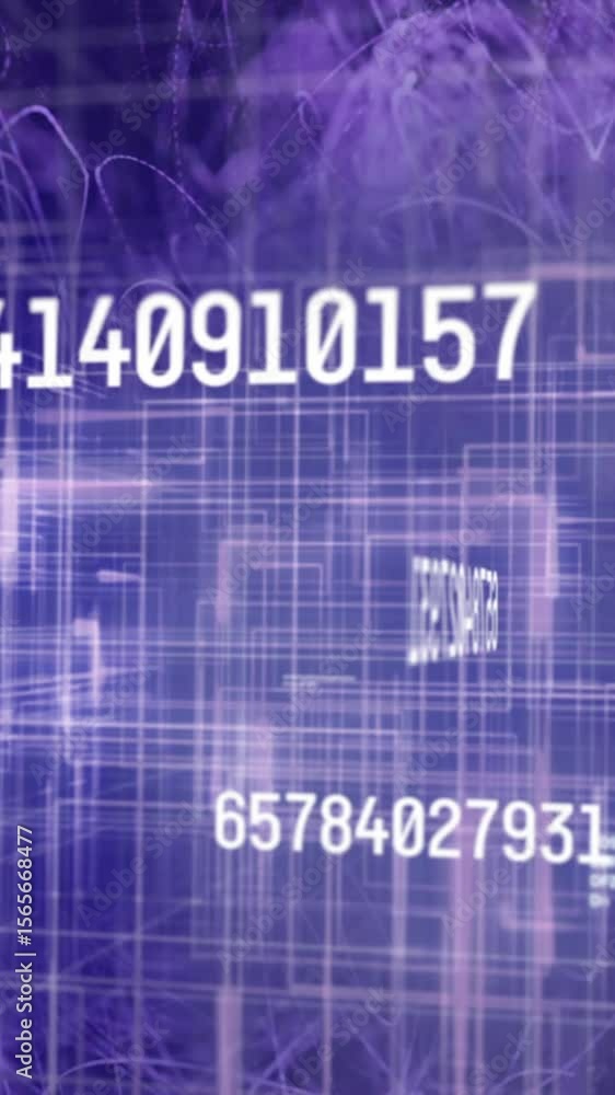 Poster animation of numbers changing and data processing over explosion of purple light trails
