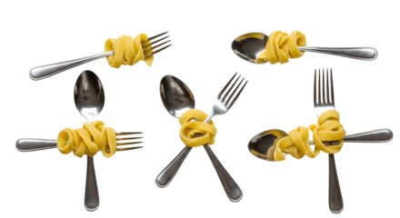 A creative arrangement of pasta spirals intertwined with forks and spoons, set against a white background, ideal for culinary themes