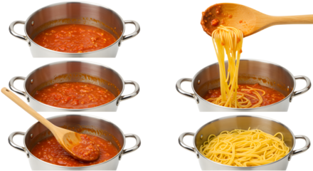 A chef preparing spaghetti with tomato sauce in stainless steel pots, showcasing the cooking process and utensils