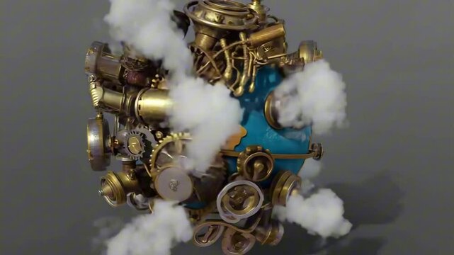 A rotating globe with steampunk gears and pipes, glowing $ trails trace across continents, mechanical trade loop