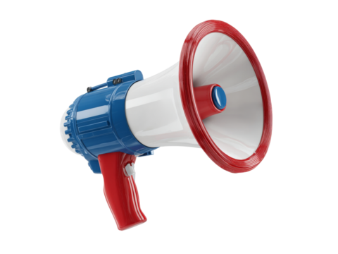 Red white and blue bullhorn loudspeaker announcement, Isolated On Transparent Background, Png