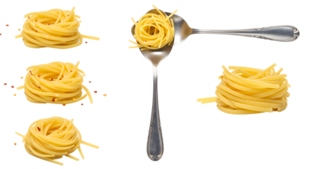 A close-up of spaghetti nests arranged artistically on a white background, showcasing culinary presentation for food photography