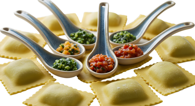 A vibrant arrangement of ravioli surrounded by colorful sauces in elegant spoons, set on a rustic wooden table